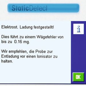 Abb. 2: Die Static-Detect-Technologie erkennt elektrostatisch geladene Proben und/oder Probenbehälter. Der Wägefehler wird erkannt und bei einer Überschreitung des benutzerdefinierten Grenzwertes eine Warnung ausgegeben. Um die höchste Prozesssicherheit zu garantieren, kann die Freigabe des Wägeresultats blockiert werden.