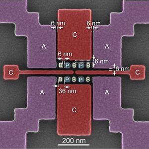 Funktionierendes Qubit-Array mit Abständen zwischen den Plunger- (P) und Barriere- (B) Gates von knapp 6 Nanometern, ermöglicht durch High-NA-EUV-Lithografie. Das Bild zeigt außerdem die Akkumulations- (A) und Einschluss- (C) Gates.(Bild:  Imec)