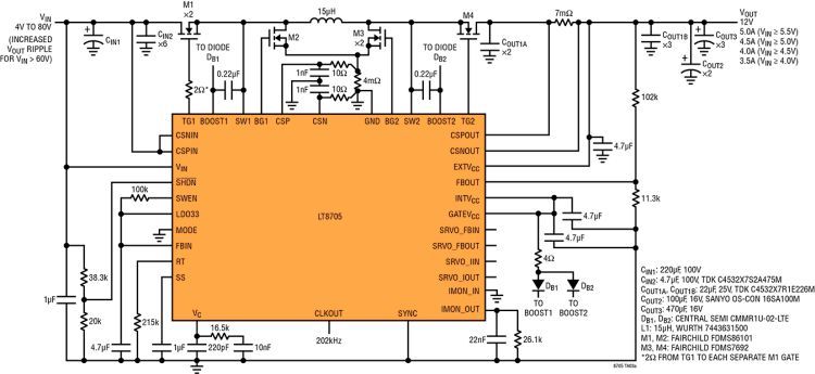 Bild 4: Detaillierte Schaltung des LT8705 für eine feste 12-V-Ausgangsspannung aus einem Eingangsspannungsbereich von 4 V bis 80 V.  (Bild: Linear Technology)
