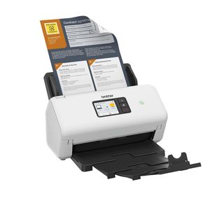 Der ADS-4550W mit ausgeklappter Papierablage. Gesteuert wird der Scanner über den PC oder das 2,8-Zoll-Touchscreen-Display. (Bild: Brother)