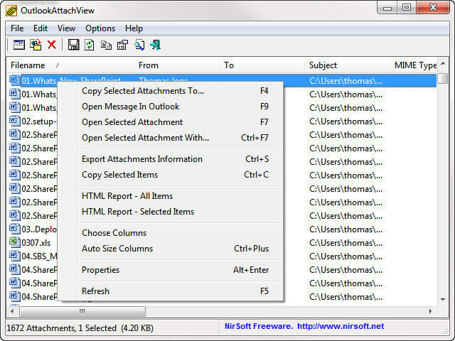 Mit OutlookAttachView können Anwender ohne Installation Anhänge von E-Mails aus Outlook auflisten. Auf diesem Weg lassen sich Anhänge auch löschen oder durchsuchen. Das Tool steht als 32-Bit und als 64-Bit-Version zur Verfügung. Die 64-Bit-Version können Anwender allerdings nur verwenden, wenn Sie Outlook 2010 x64 einsetzen. Arbeiten Anwender mit Windows 7 x64 aber Outlook 2010 in einer 32-Bit-Version, müssen sie die 32-Bit-Version verwenden. (Archiv: Vogel Business Media)