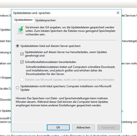 In den WSUS-Optionen kann auch festgelegt werden, wo die Installationsdateien der Updates gespeichert werden sollen, oder ob die PCs die Updates bei Microsoft herunterladen sollen. Auch die Sprachen werden hier konfiguriert. (Th. Joos)