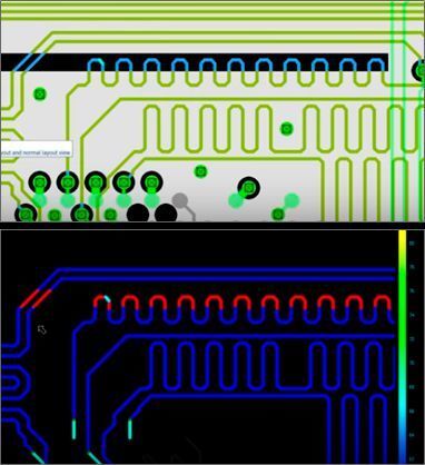 Bild 7: Farbliche Kennzeichnung (rot/blau) von kritischen Impedanzsprüngen. (Cadence/FlowCAD)