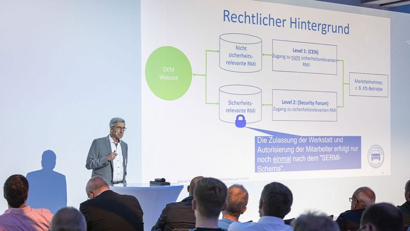 Im Vortragsprogramm ging es unter anderem um den Zugang zu sicherheitsrelevanten Fahrzeug- und Reparaturdaten. Werner Steber vom ZDK erklärte den Teilnehmern, was hier ab 2023 auf sie zukommt. (Bild: Stefan Bausewein)
