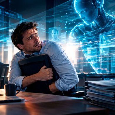 Jobhugging beschreibt das Phänomen, bei dem Arbeitnehmer aus Angst vor wirtschaftlicher Unsicherheit und Entlassungen starr an ihren aktuellen Stellen festhalten, selbst wenn sie dort unzufrieden sind. Agentic AI verstärkt das Phänomen aktuell. (Bild: Dall-E / KI-generiert)