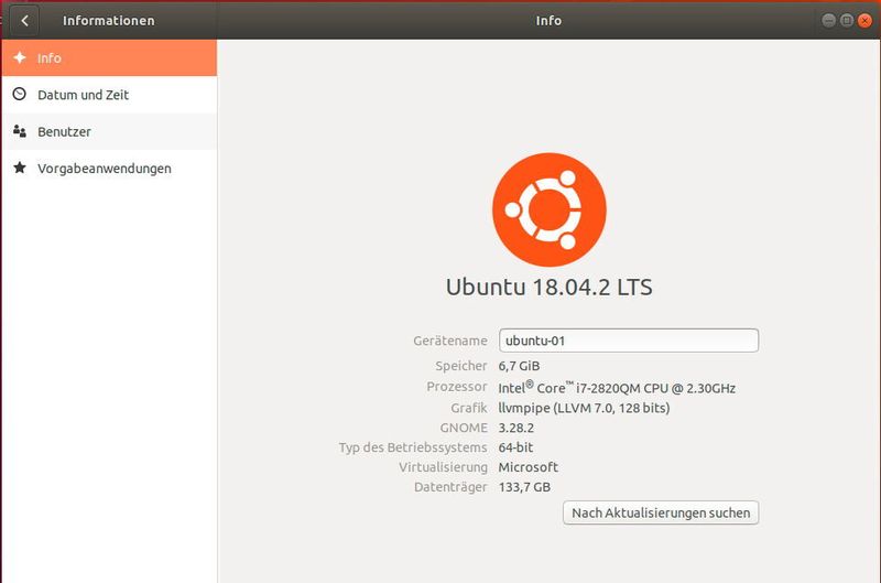 Bei den Aktivitäten kann in Ubuntu die Version der Installation und der verwendeten grafischen Oberfläche sowie der Version von GNOME angezeigt werden. (Joos / Ubuntu / Gnome)