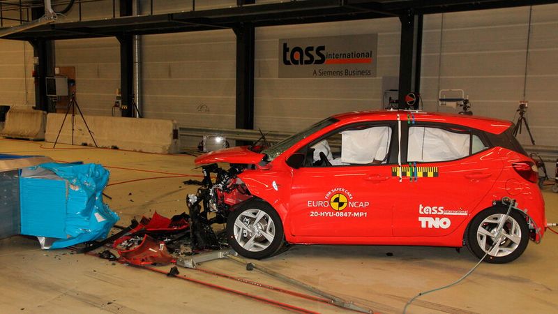 Lediglich drei Sterne gab es für den Kleinstwagen Hyundai i10. Beim Frontalcrash wurde unter anderem das Durchrutschen des Fahrers unter den Sicherheitsgurt von Euro NCAP moniert. (Bild: Euro NCAP)