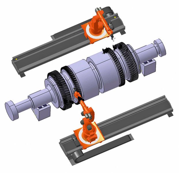 Bild 3: Computergrafik des Konzepts der Roboterzelle zur Kantenverrundung an Turbinenwellen. (Bild: Fraunhofer IPA)