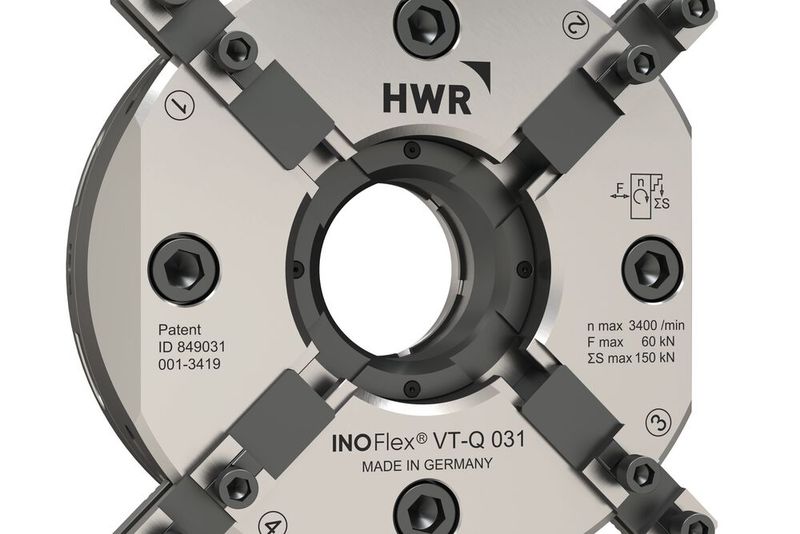 Auf der EMO 2023 zeigt HWR sein Portfolio, darunter das 4-Backenfutter Inoflex mit der Neuheit Inoflex VT-Q aus der HWR-Produktreihe Inoline. (Bild: HWR Spanntechnik)