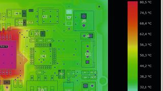 Thermosimulation: Mit PCBi-Physics steht ein Simulationswerkzeug zur Verfügung, mit dem thermische Probleme bereits in der Layoutphase ausgeräumt werden können. Im Bild zu sehen ist ein Thermoscan als Ergebnis der Simulation mit PCB-Investigator Physics.  (Bild: EasyLogix)