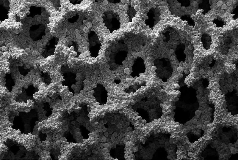 Der patentierte, stabile Produktionsprozess, in dem Nickel- oder Eisen-Metallschäume mit anwendungsoptimiertem, hochlegiertem Metallpulver beschichtet und somit zu Legierungsschäumen umgewandelt werden, führt zu einer deutlich vergrößerten Oberfläche. (Archiv: Vogel Business Media)