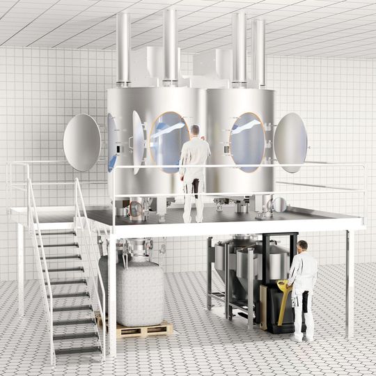 Beispiel eines Doppelwellenmischers mit 10 m³ nutzbarem Volumen mit vier totraumfreien Austragsorganen, die zeitgleich fungieren. Der Mischer weist acht Clevercut-Inspektionstüren auf.(Bild:  Amixon)