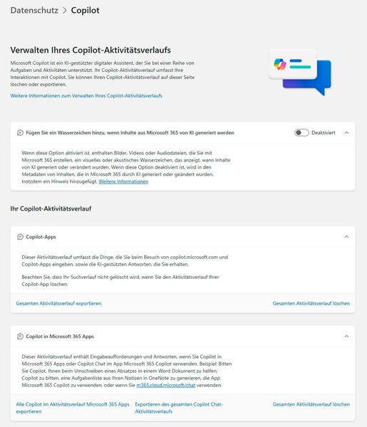 Die Copilot-Datenschutzseite ermöglicht die Kontrolle von KI-Interaktionen sowie das Löschen oder Exportieren des Aktivitätsverlaufs. (Bild: Joos)