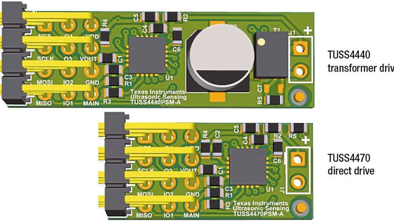 Bild 1: Größenvergleich der Referenzdesigns für die Ultraschall-Treiber-ICs TUSS4440 und TUS4470. Das obere Bild zeigt die Transformator-, das untere die direkte Ansteuerung. Bild 1: Größenvergleich der Referenzdesigns für die Ultraschall-Treiber-ICs TUSS4440 und TUS4470. Das obere Bild zeigt die Transformator-, das untere die direkte Ansteuerung.