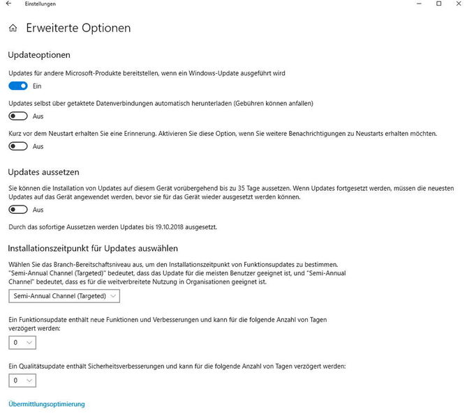 In den erweiterten Optionen lassen sich viele Anpassungen für Windows-Updates vornehmen. (Joos / Microsoft)