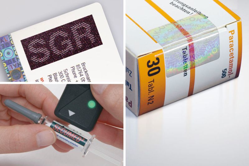 Für eine schnelle Echtheitsprüfung mit dem bloßen Auge bieten sich offene Merkmale wie Sicherheitskippfarben (oben links) und Hologramme (rechts) an. Verborgene Sicherheitsmerkmale, etwa verdruckte Spezialpigmente (unten links), können dagegen nur mit einem speziellen Lesegerät erkannt werden. (Schreiner Group)