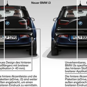 Die Heckpartie im Detail: Links der alte BMW i3 und das Facelift, im rechten Teil werden die Unterschiede des neuen i3 und des i3s offensichtlich.(Bild:  BMW)