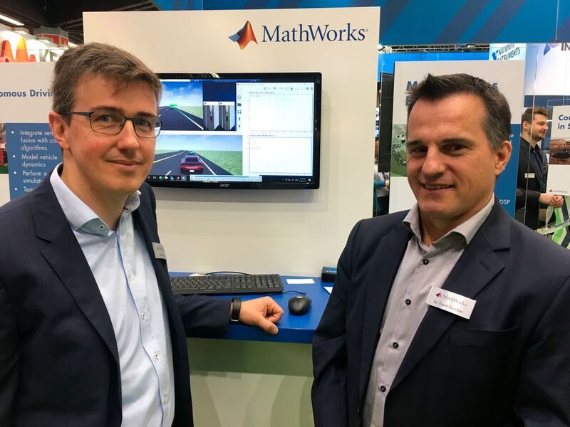 MathWorks  Embedded Intelligence: Dieses Thema stand bei der Embedded World 2019 für MathWorks im Fokus. In Halle 4, Stand 110, zeigt das Software-Unternehmen auf 100 Quadratmetern Beispiele aus verschiedenen Anwendungsbereichen, die für die Entwicklung und den sicheren Einsatz von Embedded Intelligence relevant sind, wie bespielweise die Erkennung und Klassifizierung von Objekten für autonome Systeme. Im Bild (v.l.): Marco Roggero, Senior Application Engineer, und Dr. Frank Graber, Manager Application Engineering and Technical Account Management bei MathWorks. Mehr Informationen unter https://de.mathworks.com (Schreier)