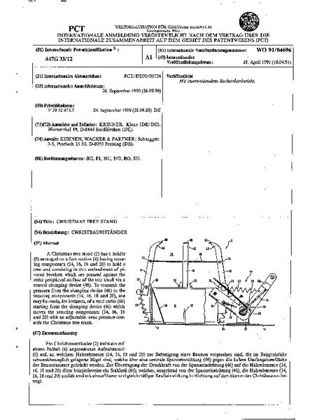 Die Patentschrift für den Christbaumständer mit Einseil-Spanntechnik von Klaus Krinner. (Bild: Gefunden auf: www.depatis.net)