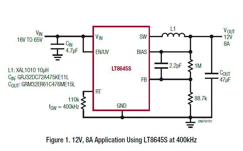 Bild 1: Abwärtswandler (12 V/8 A) auf Basis des LT8645S mit 400 kHz Schaltfrequenz  (Bild: Analog Devices)