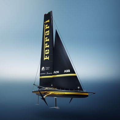 The Ferrari Hypersail is a 100-foot monohull wing-in-plane yacht powered entirely by renewable energy. (Source: ABB / Ferrari Hypersail)