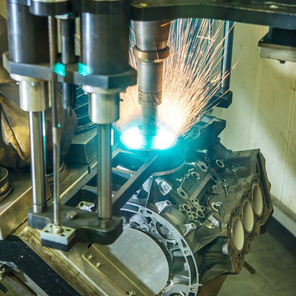 Für die Zylinderlauffläche von Kurbelgehäusen aus Aluminium entwickelten die Forscher ein Beschichtungsverfahren, mit dem sich die Reibung verringern lässt. Im Bild die Beschichtung der Zylinderbohrungen eines V6-Zylinderkurbelgehäuses. Und so sehen die Zylinderbohrungen... (Ansgar Pudenz / Deutsche Zukunftspreis)