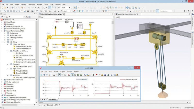 Mit Simulation X 3.8 erstellen Nutzer schnell und effizient Simulationsmodelle räumlicher Band- und Seilantriebe und berechnen die Wechselwirkungen zwischen Band/Seil, An- und Abtrieb und der zugehörigen Steuerung. (ESI)