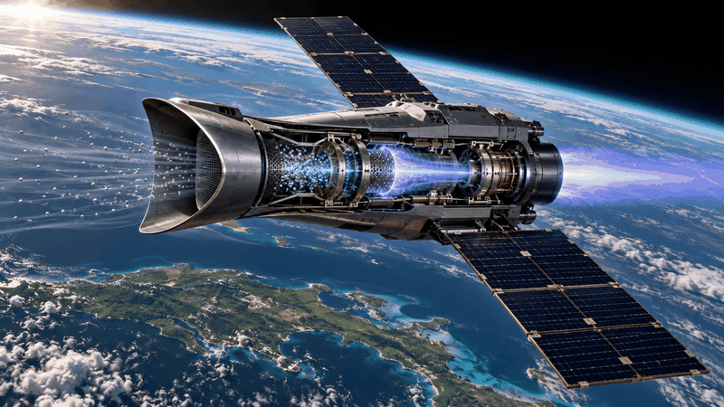 A conceptual VLEO satellite collects atmospheric particles for electric propulsion. Illustration, not an image of a flown spacecraft.(Source:  KI-generiert / Imagen)