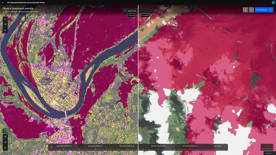 Die Karte zeigt Überschwemmungen in Australien 2022. Darauf konnte das „Terra-Mind“-Modell von IBM und der ESA, das mit dem „Impact Mesh“-Datensatz optimiert wurde, trotz starker Wolkenbedeckung überschwemmte Gebiete mithilfe der links gezeigten Radarbilder identifizieren.(Bild:  IBM/ESA)