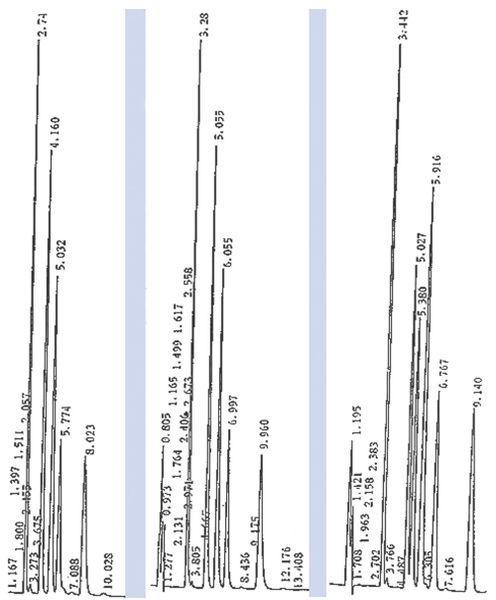 Abb.4: Trennung von Metaboliten (desmethylverbindungen von Antidepressiva) an drei verschiedenen Phasen in Acetonitril/Phosphatpuffer;  Links Lichrosorb, Mitte Reprosil AQ, Rechts Jupiter. (Archiv: Vogel Business Media)