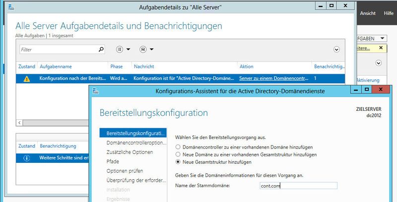 Nach der Installation klicken Sie im Server-Manager auf AD DS und dann im oberen Bereich bei Konfiguration ist für Active Directory-Domänendienste erforderlich auf Weitere. Wählen Sie bei Aktion die Option Server zu einem Domänencontroller heraufstufen. Aktivieren Sie dann die Option Neue Gesamtstruktur hinzufügen und geben Sie den DNS-Namen der Domäne an, zum Beispiel cont.com. (Archiv: Vogel Business Media)