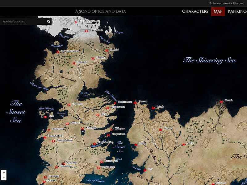 Screenshot der interaktiven Karte von Game of Thrones, die auf der Website der Studenten gezeigt wird. Hier können Benutzer die Geografie der Fantasy-Welt Westeros erkunden und die Reisen der Charaktere verfolgen. (Bild: GoT-Team 2019 / TUM)