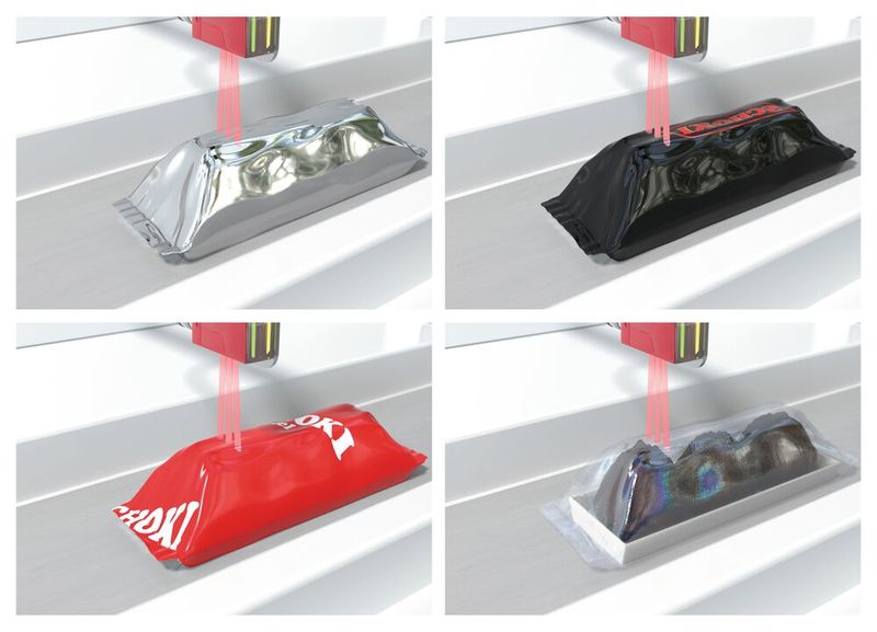 Von transparent bis hochglänzend: Durch die Referenztechnologie werden Verpackungen unterschiedlichster Farbe und Transparenz als „Abweichung“ von der Bandoberfläche erkannt. (Bild: Leuze)