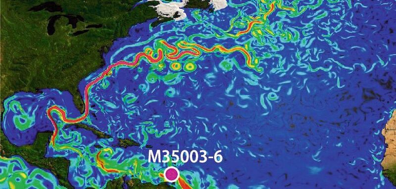 Modellsimulation der Oberflächenströmungsgeschwindigkeit im Atlantik mit Darstellung des Golfstroms und der Position des untersuchten karibischen Sedimentkerns. Die neue Studie bestätigt, dass Salztransport in Süd-Nord-Richtung durch nordatlantische Strömungen ein entscheidender Rückkopplungsmechanismus für die Klimaregulierung ist. 