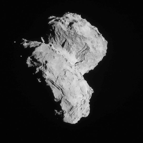 Dieses Bild des Kometen 67P/Churyumov-Gerasimenko wurde am 22. August 2014 von der Navigationskamera an Bord der Raumsonde Rosetta aus etwa 64 km Entfernung zum Kometen aufgenommen. (Bild: ESA)