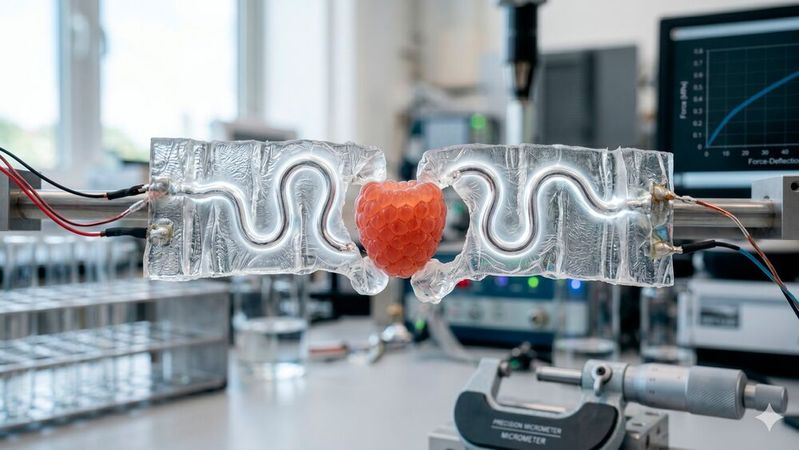 „Fühlender Muskel“: Feine, hell schimmernde Kanäle aus flüssigem Metall in einem Serpentinenmuster fungieren gleichzeitig als elektrische Heizung und hochsensible Dehnungssensoren.(Bild:  Gemini / KI-generiert)