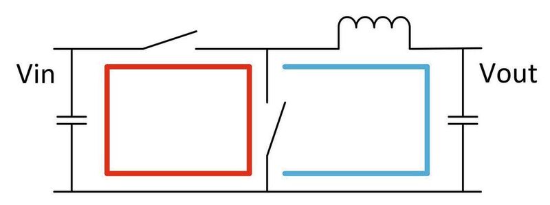  Bild 1: Pfade mit kontinuierlichem Strom sind in blau und mit geschaltetem Strom sind in rot dargestellt. (Analog Devices)
