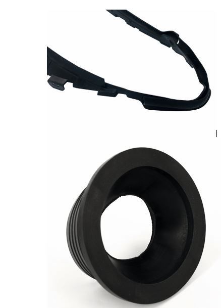 Bild 1: 2K-Dichtung mit langen Fließwegen basierend auf TPV und einem glasfaserverstärktem Polypropylen (PP) (oben) Kabeldurchführungsdichtung basierend auf gleit-/reiboptimiertem TPV (unten). (Bild: Mocom Compounds)