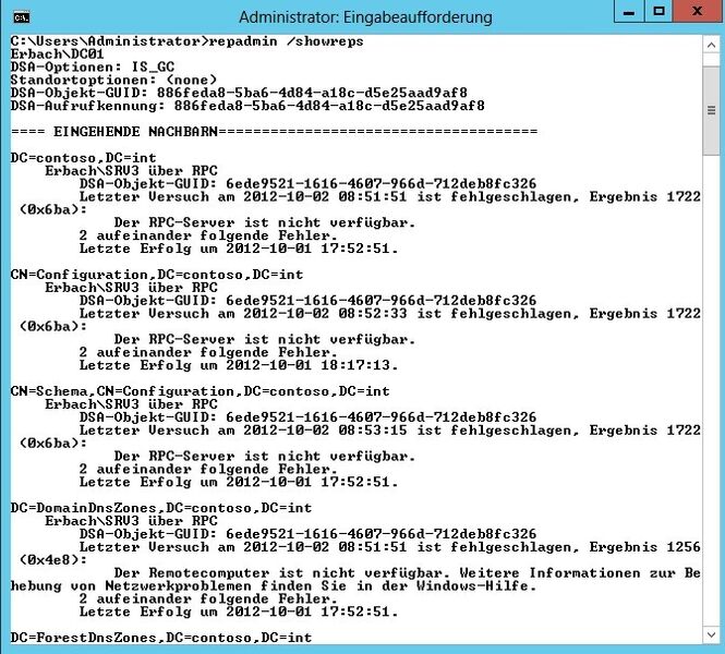 Abbildung 1: Mit Befehlszeilentools wie repadmin decken Sie schnell Replikationsprobleme in Active Directory auf (Bild: Joos)