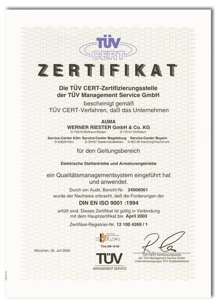 1994: Alle deutschen Standorte von Auma werden nach ISO 9001 zertifiziert.  (Auma)
