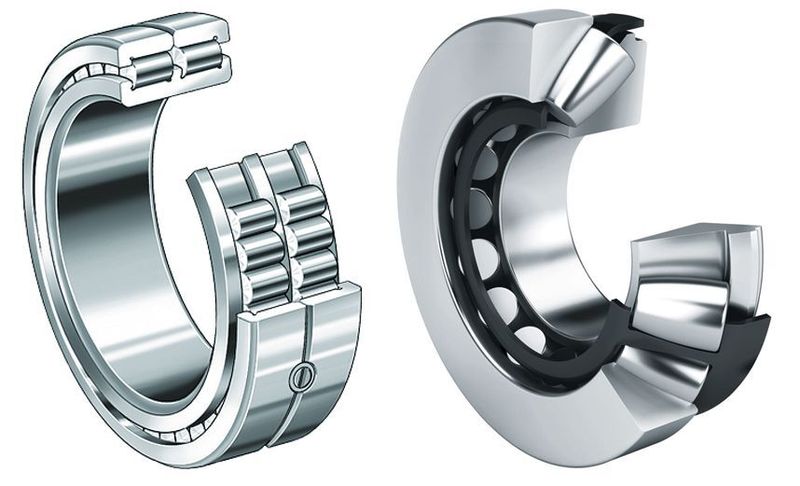 In der Kolbenstange der Hydraulikzylinder kommt eine Kombination aus Axial-Pendelrollenlager (rechts) und vollrolligem Zylinderrollenlager (links) zum Einsatz. (Schaeffler)