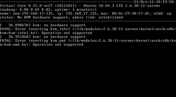 Abbildung 2: Der lokale Monitor zeigt nichts weiter als ein paar Stammdaten. Virtual-Core von Kamp Netzwerkdienste kann nicht unter VMware Workstation virtualisiert werden, da die KVM-Unterstützung fehlt.  (Bild: Bär)
