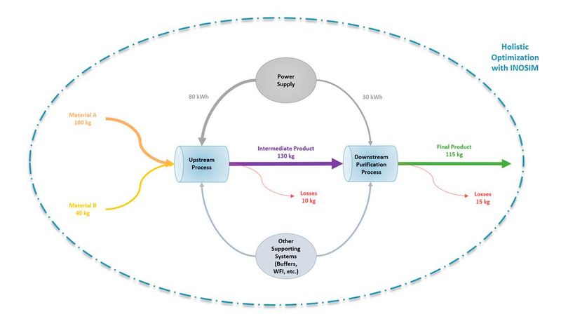 Der holistische Optimierungsansatz von INOSIM - Das Simulationsmodell umfasst den gesamten Downstream-Reinigungsprozess, einschließlich komplexer Zusammenhänge und Versorgungssysteme. Die Simulationsstudien deckten die zugrundeliegenden Ursachen für Ausbeuteverluste sowie mögliche Einsparungspotenziale bei Abfall und Energieverbrauch auf. (Bild: INOSIM)