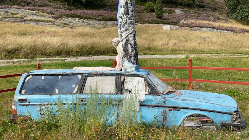 Der Pilane-Skulpturenpark in Schweden installierte 2020 einen mit Beton ausgegossenen Volvo 240 Kombi als Monument, um zu Diskussionen über die Automobilität und die Verkehrswende anzuregen. (Bild: autodrom)