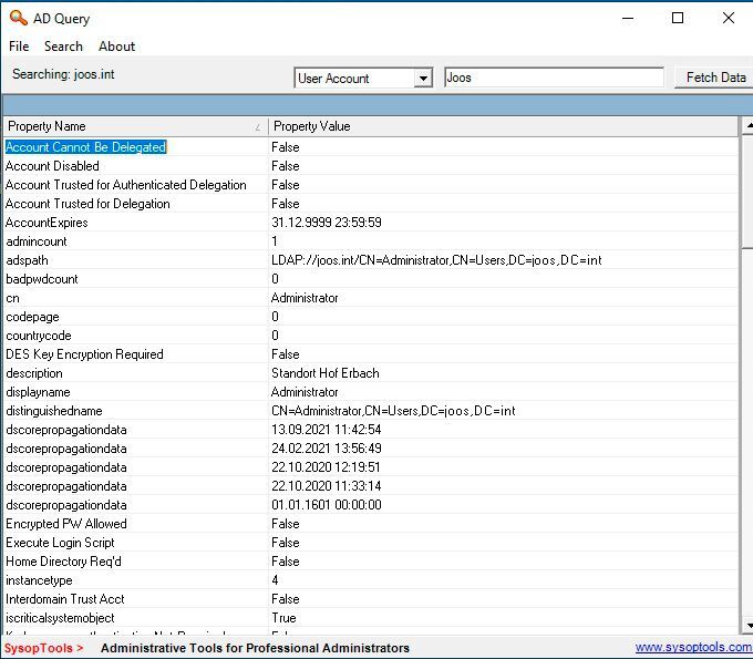 AD Query hilft beim Durchsuchen von Active Directory und dem Anzeigen von Benutzerinformationen aus der Datenbank, inklusive LDAP- und Schemainformationen. (Bild: Joos / SysOp Tools)