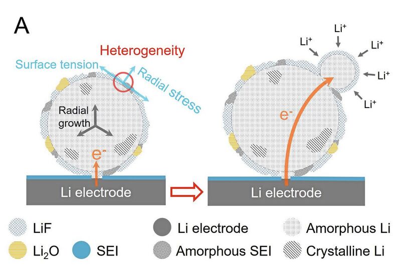 Das Schema zeigt, wie sich bei niedrigen Strömen kleine Lithium-Bälle auf der Elektrode bilden. (Bild: HZB/Ingo Manke, Dong et al.)