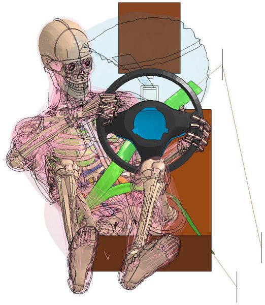 Frontalcrash im angespannten Muskelzustand des Menschmodells Thums v5.01. Über die aktive Muskelkontraktion hält sich der Thums am Lenkrad fest und stützt sich beim Aufprall ab, was den Brustkorb potenziell entlastet. Die farbigen Oktaeder machen die verschiedenen Anschnallpunkte des modellierten Sicherheitsgurtes sichtbar. (Fraunhofer EMI)