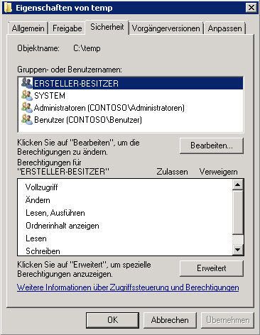 Sofern Unternehmen die „Objektzugriffsversuche überwachen“, lassen sich auch Zugriffe auf Dateiserver, Freigaben und die enthaltenen Dateien inklusive der Änderungen nachverfolgen. Hierfür müssen Administratoren aber zusätzlich die Überwachung in den Eigenschaften des entsprechenden Verzeichnisses aktivieren. Im Anschluss müssen Sie die eigentliche Überwachung für die entsprechenden zu überwachenden Dateien und Verzeichnisse aktivieren. Dazu sind die Eigenschaften des Verzeichnisses und die Registerkarte „Sicherheit“ wichtig. (Archiv: Vogel Business Media)