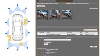 Die Fahrzeugfotos sollten aus allen Blickwinkeln angefertigt werden – eine Anleitung zur idealen Aufnahme unterstützt hierbei. Die Schäden aus der automatischen Erkennung werden anschließend in einer Übersicht aufgelistet. (Alpha Online)