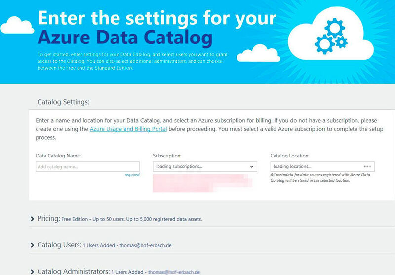 Bei der Einrichtung von Azure Data Catalog hilft ein Assistent. (Bild: Microsoft)